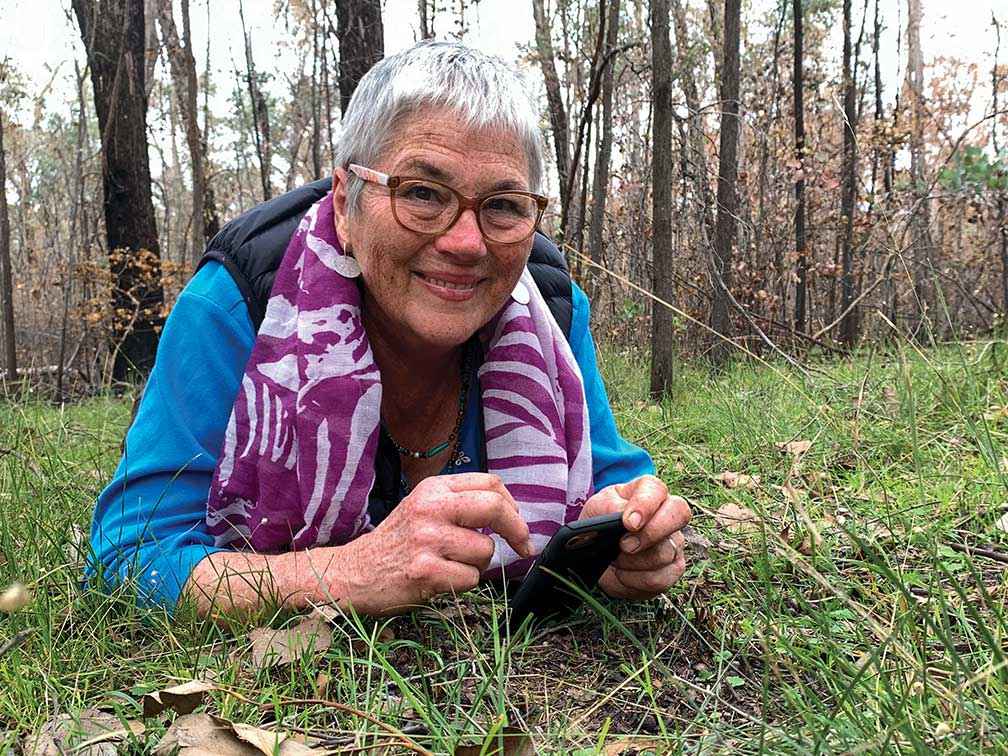Sue Brunskill in the Chiltern Mt Pilot National Park at Wooragee taking a photograph for the local Landcare group’s newsletter. 