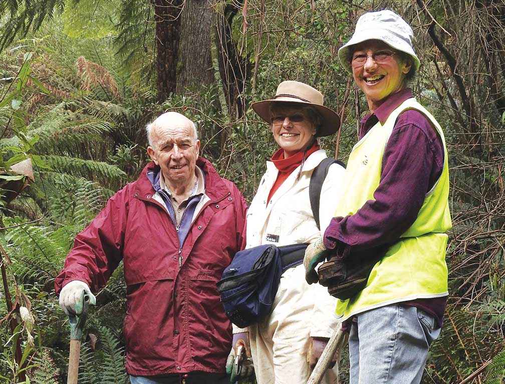 From left, Merrin Butler, Andrea Fisher and Max Ross from Friends of Worth State Park building steps at Moonlight Creek to improve access for visitors.<br />
