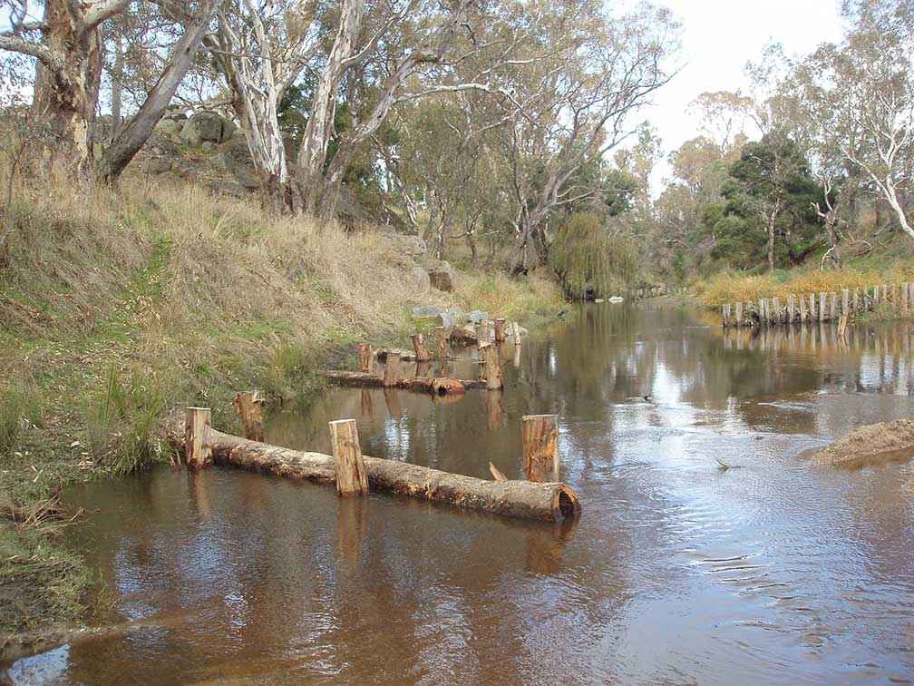 Recycled timber positioned in Seven Creek to encourage bed scour and create greater depth.