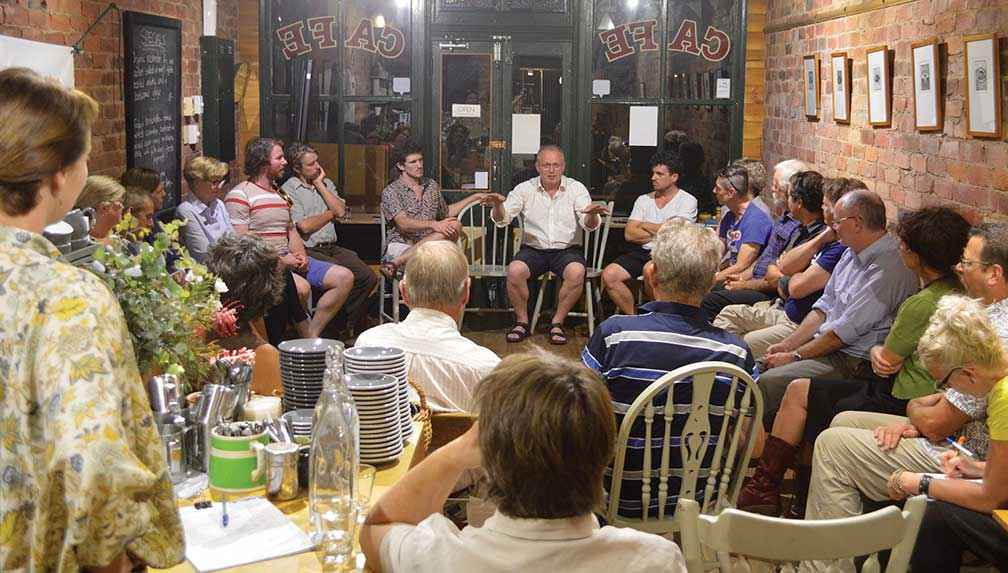 Soren Hermansen (centre in the white shirt) leading a workshop at Yackandandah earlier this year. Soren’s Danish Island, Samso, transitioned to 100 per cent renewable energy in 2007.