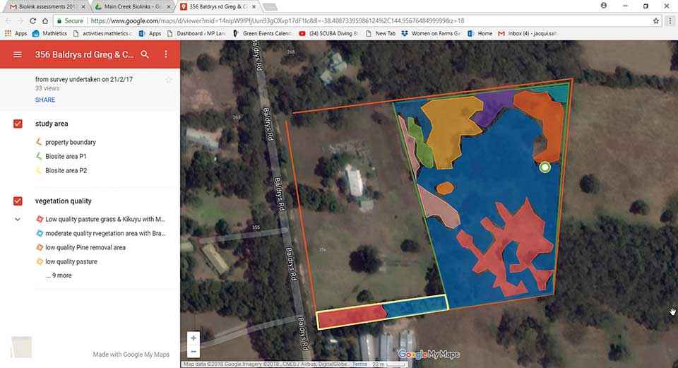 Vegetation quality assessment of a property in the Greens Bush to Arthurs Seat Biolink by Gidja Walker in February 2017. This map of the property shows how additional detail can be provided in the legend using different colours. The maps were popular with landholders, who could see the benefits of mapping over time.